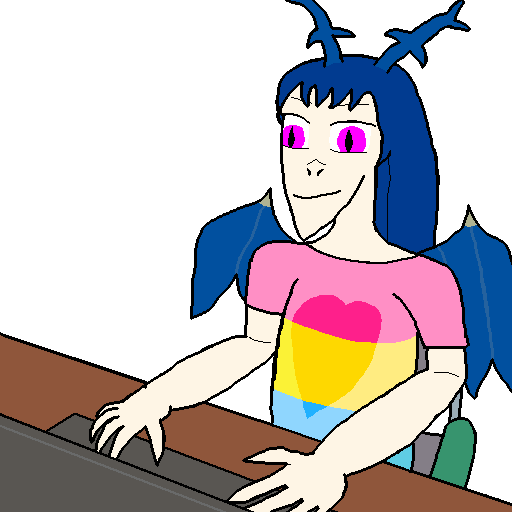 Cuowu (specifically Baiwan) at the computer. Its wearing a shirt that is the panromantic flag.